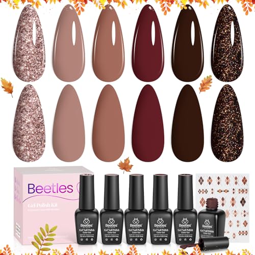 Beetles Fall Gel Polish Set Dark Brown Gel Nail Polish 6 Colors Glitter Burgundy Red Gold Black Sparkle Nail Kit Soak Off Led Manicure DIY Home Salon Gifts for Girls Women Academia Aesthetic
