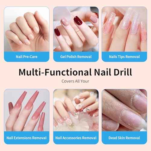 Electric Nail Drill Machine 45,000RPM - Professional Electric and Rechargeable Nail Drill with LCD Display, 6 Bits and 30 Sanding Bands, Low Heat Quiet E-File for Acrylic Gel Nails (Light Pink)