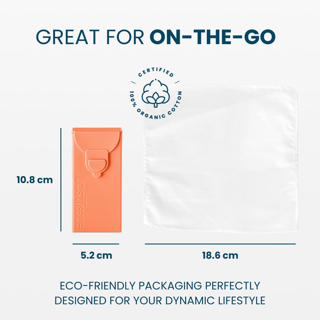 LastTissue® Reusable Cotton Tissue Pack | Face Towels & Handkerchiefs for Men & Women – Washable, Sustainable Facial Tissue with Storage Case - Peach