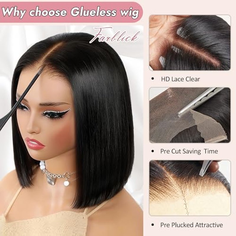 Bob Wig Human Hair 14 Inch Glueless Wigs Human Hair Pre Plucked Pre Cut 6¡¿4 HD Lace Front Wigs for Women 180% Density Short Straight Wig Ready to Wear