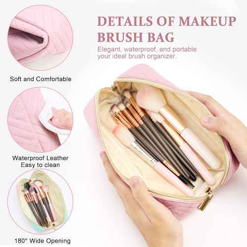 Makeup Bag Travel Toiletry Bag, Personalized Initial Pink Makeup Bag, Gift for Women Gils, Large Capacity Leather Cosmetic Bags, Waterproof Open Flat Organizer for Christmas, Halloween & Thanksgiving