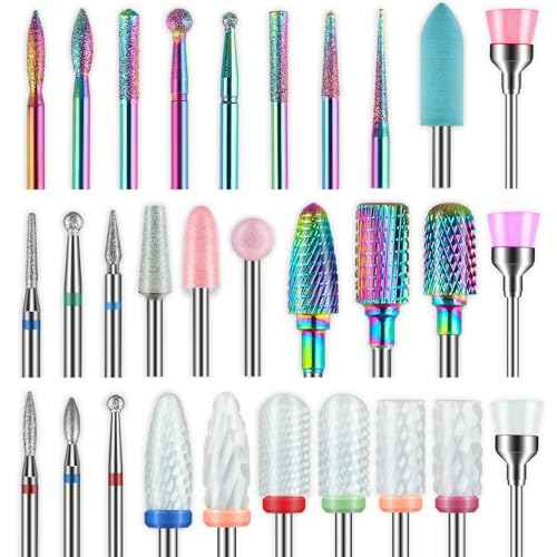 30Pcs Nail Drill Bits Set: 3/32 Inch Carbide Cuticle Ceramic Diamond Nail Bits for Nail Drill for Acrylic Gel Nail Manicure Pedicure Remover Tools for Home Salon