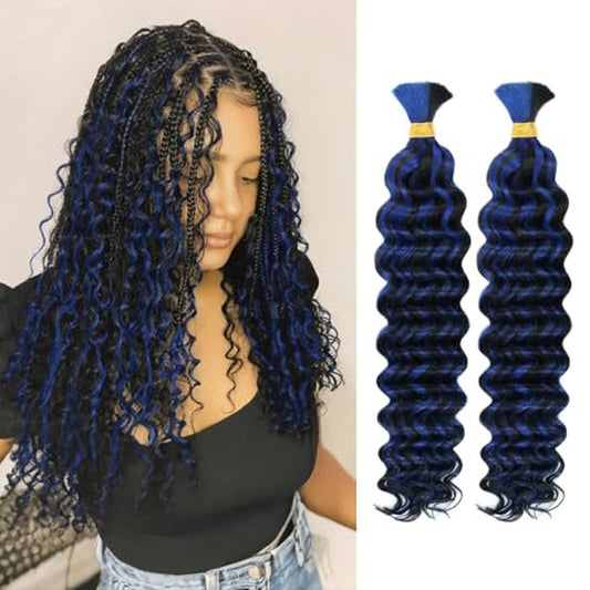 Human Braiding Hair for Boho Knotless Braids 2 Bundles 16 Inches 80g Deep Wave 10A Brazilian Virgin Human Bohemian Hair for Braiding 1bPblue