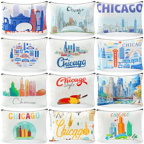 Reginary 12 Pcs Chicago Souvenirs Makeup Bag Travel Gift Cosmetic Bag Trip Favors Chicago City Themed Gifts for Traveller Birthday Christmas Bachelorette Party Favors