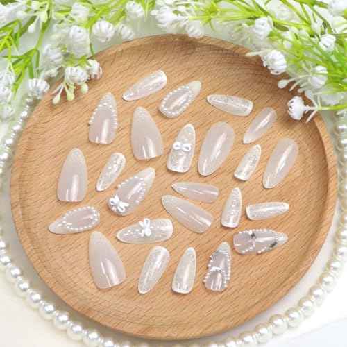 Medium Press on Nails Almond Fake Nails with 3D Bow Pearl Designs White False Nails Full Cover Acrylic Nails for Women 24Pcs