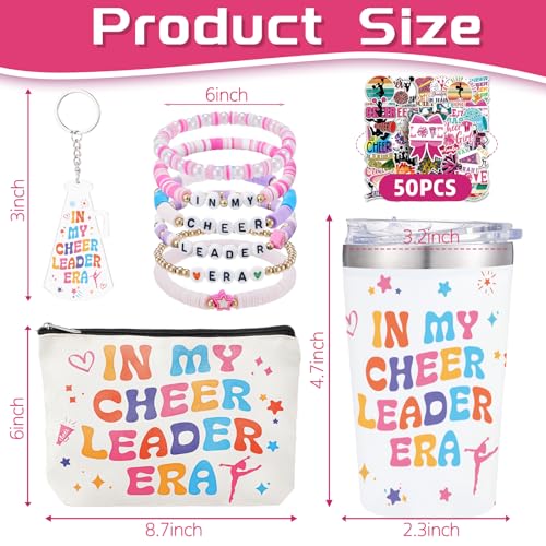 5Pcs Cheerleader Gifts Set for Women Including 12oz Cheer Tumbler, Makeup Bags, 5 Cheerleading Bracelet, Stickers, Keychain for Cheer Team & Lovers