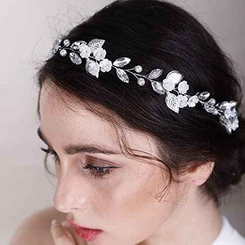 Flower Leaf Crystal Wedding Hair Vine for Bride Bridesmaid Pearls Crystal Hair Accessories for Women and Girls Blue
