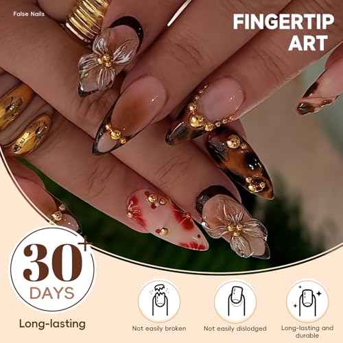 Medium Almond 3D Brown Gold Flower Press on Nails-? Tortoiseshell Leopard French Tip Blossom Gradient Design,24Pcs Handmade Fall/Autumn/New Year Glue on Acrylic Fake Nail Press ons for Women