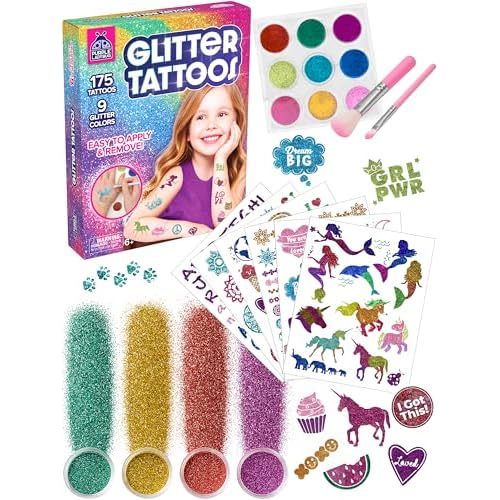 PURPLE LADYBUG 175-Piece No-Mess Temporary Glitter Tattoo Kit for Kids & Teens - Craft for Girls 8-12, Birthday Gift for Girls 6-12, Sleepover Kit, Shimmer Body Art, Halloween Party, Trick or Treat