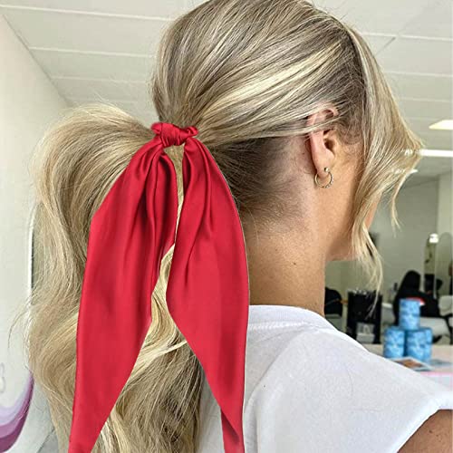 Pack of 2 Knotted Bow Hair Scrunchies Elastic Hair Scarf Hair Ties Bands Satin Hair Ribbon Scrunchy Red Ponytail Holder for Women and Girls, Hair Scarf Scrunchies, Hair Accessories (Burgundy)