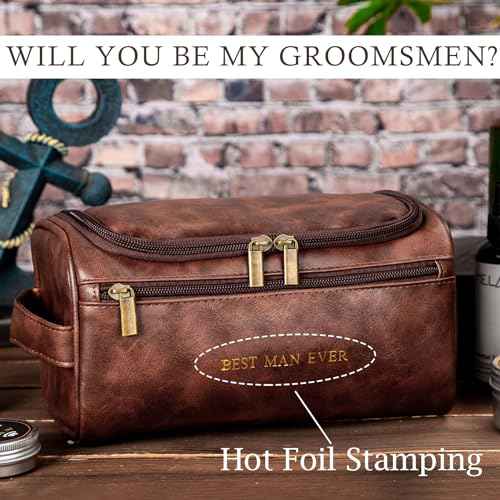 Flycalf Mens Toiletry Travel Bag Customized Mens Leather Toiletries Grooming Bag for Men Shaving Bag Hanging Water Resistant Organizer (Brown)