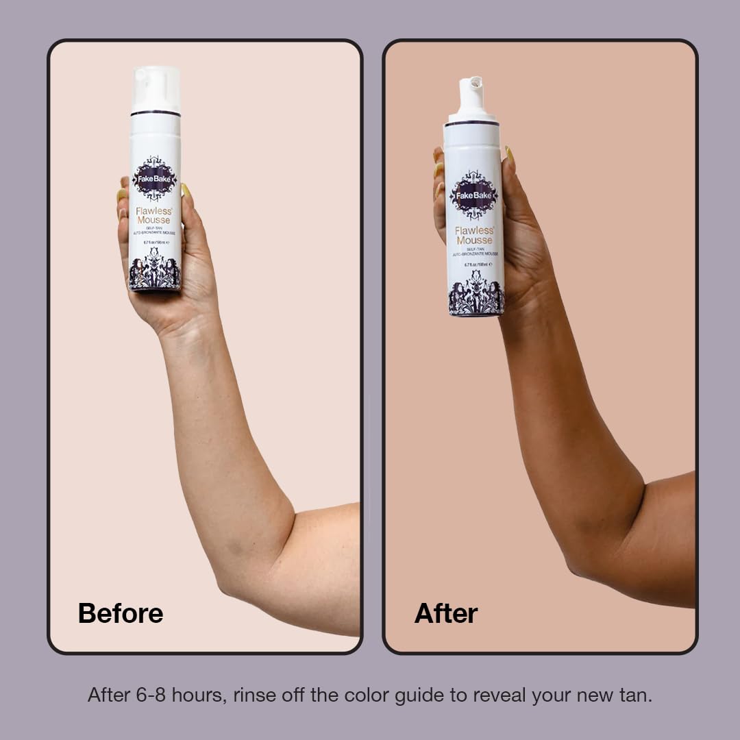 Fake Bake Flawless Self Tanning Mousse Streak-Free, Long-Lasting Natural Glow For All Skin Tones Women & Men - Sunless Tanner Includes Mitt For Easy Application, Black Coconut Scent - 6.7 oz
