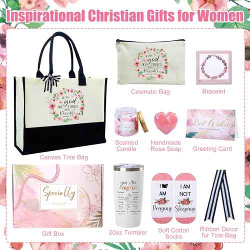 Christian Gifts for Women Faith Inspirational Religious Gifts Baskets for Mother Friends Grandma Encourage Bible Baptism Set with Canvas Tote Bag Socks Tumbler