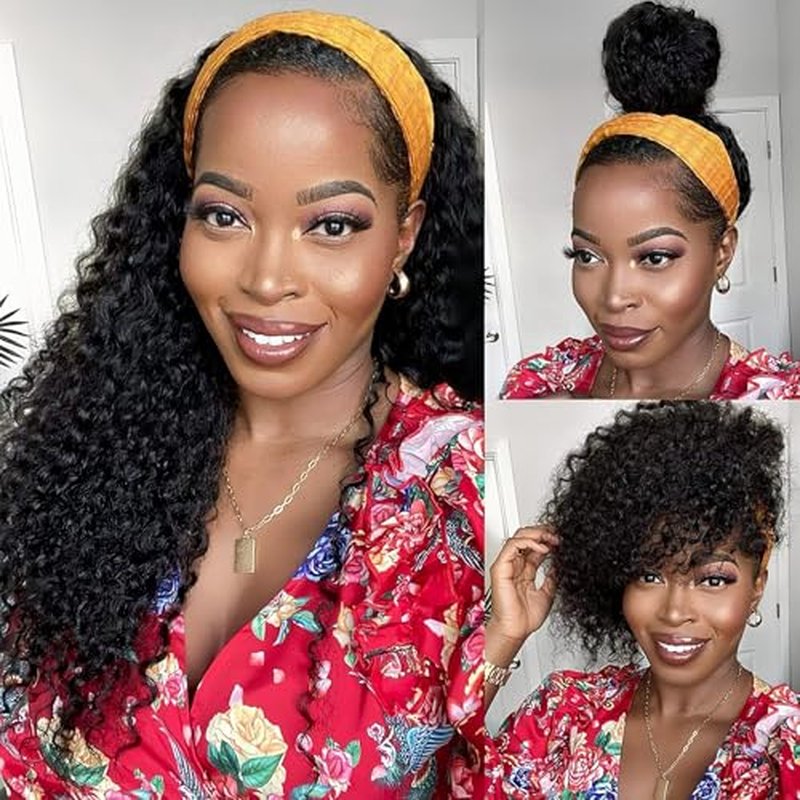 Curly Headband Wig Human Hair 18 inch Machine Made Wigs Glueless Deep Wave Headband Half Wigs for Black Women Human Hair Water Wave Natural Color