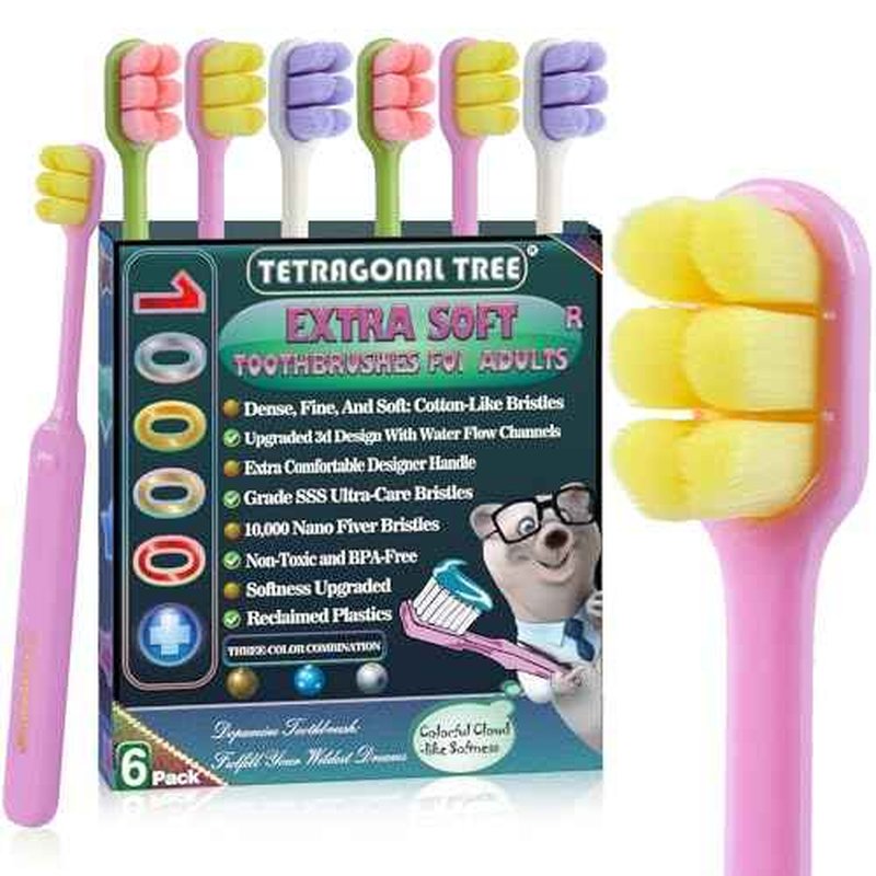 6 Count Ultra-Soft Toothbrush for Sensitive Gums ? 10,000 Extra Gentle Bristles, Manual Toothbrush for Adults, Pregnancy, Braces, Elderly, Gum Care (Dopamine Colors, Individually Wrapped)