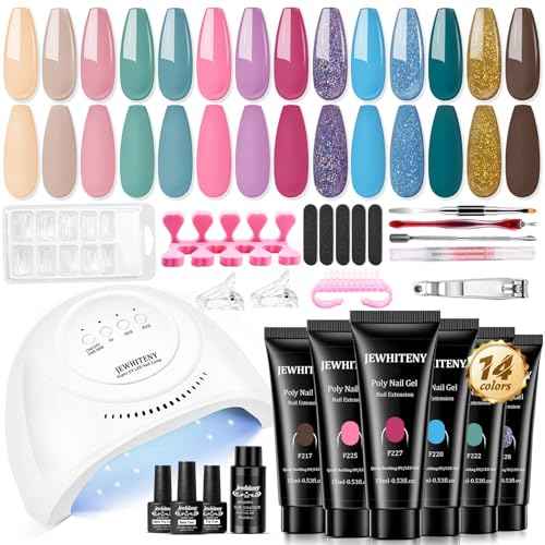 JEWHITENY Poly Gel Nail Kit 14 Colors - Yellow Nude Pink Blue Purple Glitter Tones Starter Kit with UV Lamp Base & Top Coat All-in-One Gift for Women Need U V Light Curing