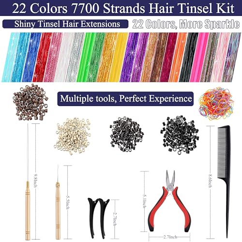 22 Colors 7700 Strands Hair Tinsel Kit, 48 Inch Glitter Tinsel Hair Extensions for July Fourth Christmas New Year Halloween Cosplay, Heat Resistant Fairy Hair Accessories for Girls, Kids, Women