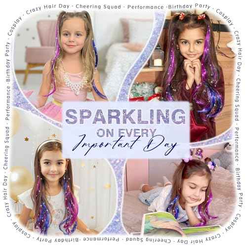Fairy Hair Tinsel Kit for Girls, Color Tinsel Hair Extensions for kids, Blue and Purple Glitter Hairpiece Clip in, Halloween Hair Accessories, 16 Pieces
