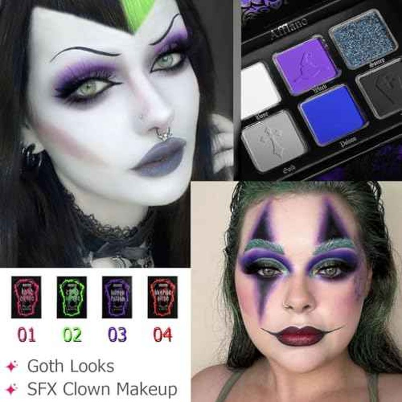 Afflano Goth Eyeshadow Palette Purple Blue, Multichrome Chrome Blue Purple Matte Black White Grey Dark Eye Shade, Gothic Halloween Makeup Eye Shadow Pallet for Joker Clown Cosplay SFX Makeup Costume