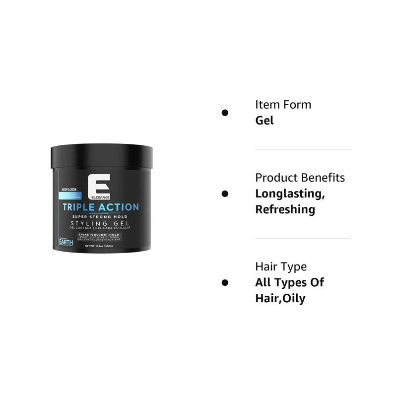 E Elegance Earth Fragrance Triple Action Hair Gel for Men And Women - Super Strong Hold, Extreme Volume, And Long Lasting Shine - Flake Free And Refreshing Fragrance - All Hair Types, 8.45oz