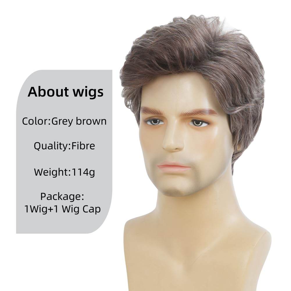 Salaibs Mens Grey Short Wig Natural Synthetic Heat Resistant Wig for Daily Party Use (Brown Mix Grey)
