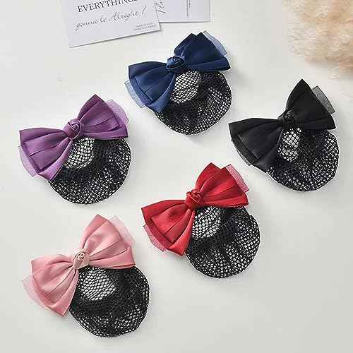 2pcs Hair Snood Net Barrettes with Bowknot Hair Clips with Thin Mesh Bun Cover for Women Ladies (Pink+Black)