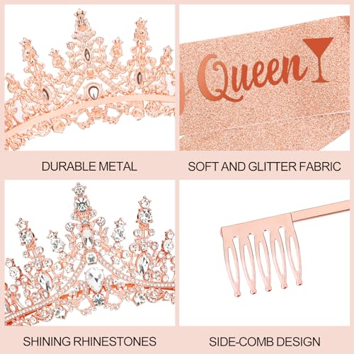 CURASA Rose Gold Birthday Sash and Crown - Crystal Tiaras for Women & Girls - Princess Crowns for Party Gifts