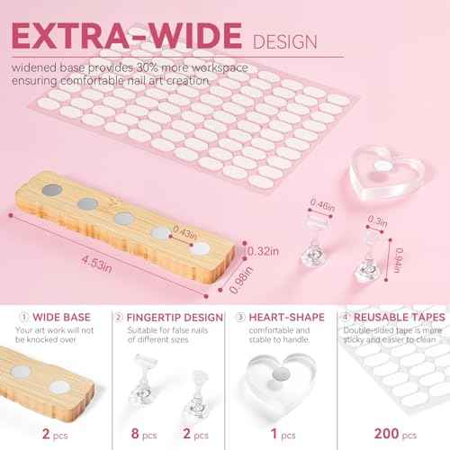 Nail Stand for Press On Nails Art Display Practice 2 Sets, 1 Heart Shaped Acrylic Magnetic Nail Stands, Fake Nail Holder Tips With 200 PCS Double-Sided Tape, Nail Kit Home DIY Salon Supplies