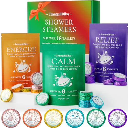 TranquilBliss 18 Pack Shower Steamers with 6 Smoothing Long-Lasting Scents, Shower Bath Bombs with Natural Fragrance, Self-Care and Relaxation Presents for Women and Men