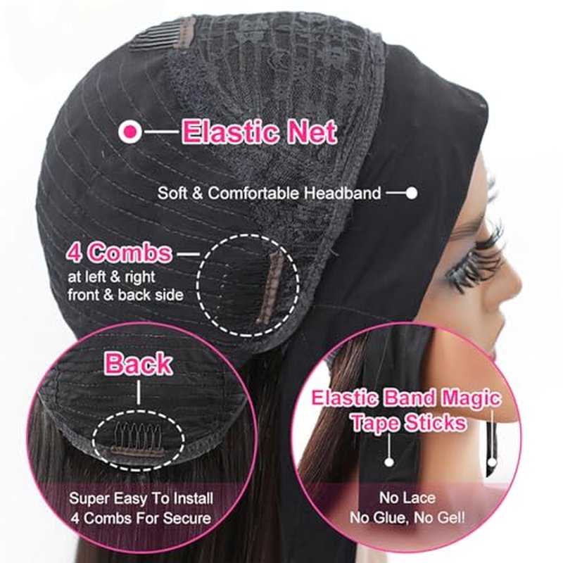 Headband Wig Human Hair Straight 18 inch None Lace Front Human Hair Wigs Machine Made Glueless Straight Headband Half Wigs for Black Women Natural Color