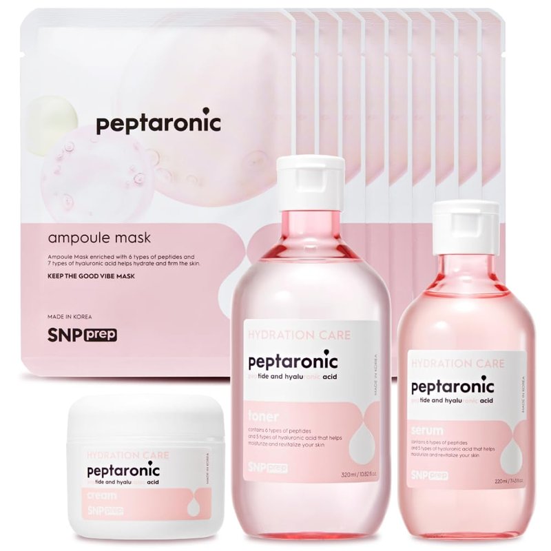 Snp 6 Peptides + 5 Hyaluronic Acid Skincare Set | 4-in-1 Kit of Toner, Serum, Cream & Sheet Masks | Moisturizing, Firming & Hydrating | Korean Skincare Set for Dry & Sensitive Skin | Peptaronic Set