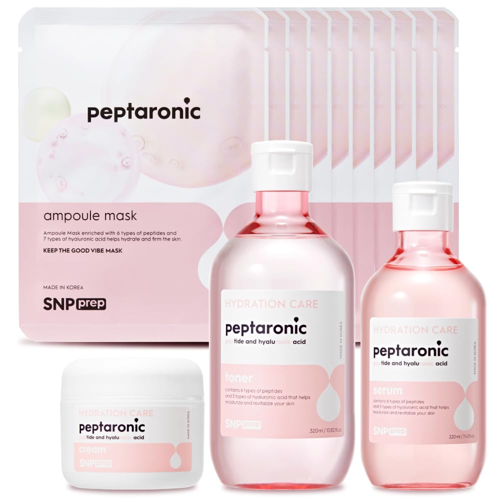 Snp 6 Peptides + 5 Hyaluronic Acid Skincare Set | 4-in-1 Kit of Toner, Serum, Cream & Sheet Masks | Moisturizing, Firming & Hydrating | Korean Skincare Set for Dry & Sensitive Skin | Peptaronic Set