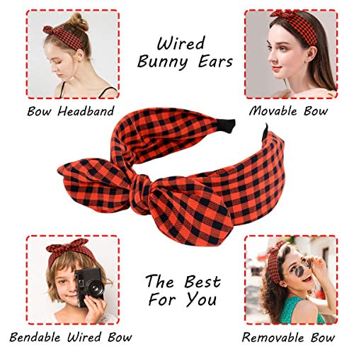 TOBATOBA 6Pcs Plaid Headbands With Bow, Cute Knotted Wide Headband, Christmas Hair Accessories for Women Girls, Bunny Ears Red Headwraps