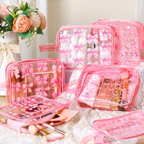 Kacctyen 6 Pcs Coquette Pink Bow Makeup Bags Gifts Accessories for Cosmetic Bags Pink Bow Gift Clear PVC Cheer Case Toiletry Zipper Pouch Waterproof Travel Toiletry Handbag Purses Organizer for Women