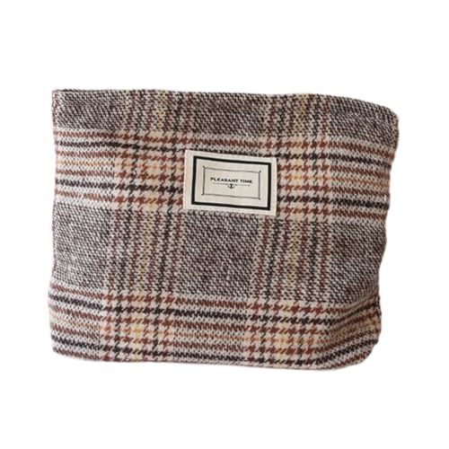 Travel Checkered Makeup Bag, Corduroy Cosmetic Bag for Purse, Small Cosmetic Zipper Pouch Cute Travel Checkered Makeup Bag Gift for Women,Girls (england brown)