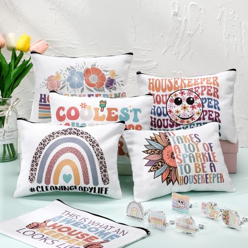 Kacctyen 24 Pcs Christmas Housekeeping Gifts Bulk 12 Thanksgiving Makeup Bag 12 Retractable Badge Reels Housekeeping Appreciation Gift for Housekeeper Cleaner Staff Team Employee Coworker Custodian