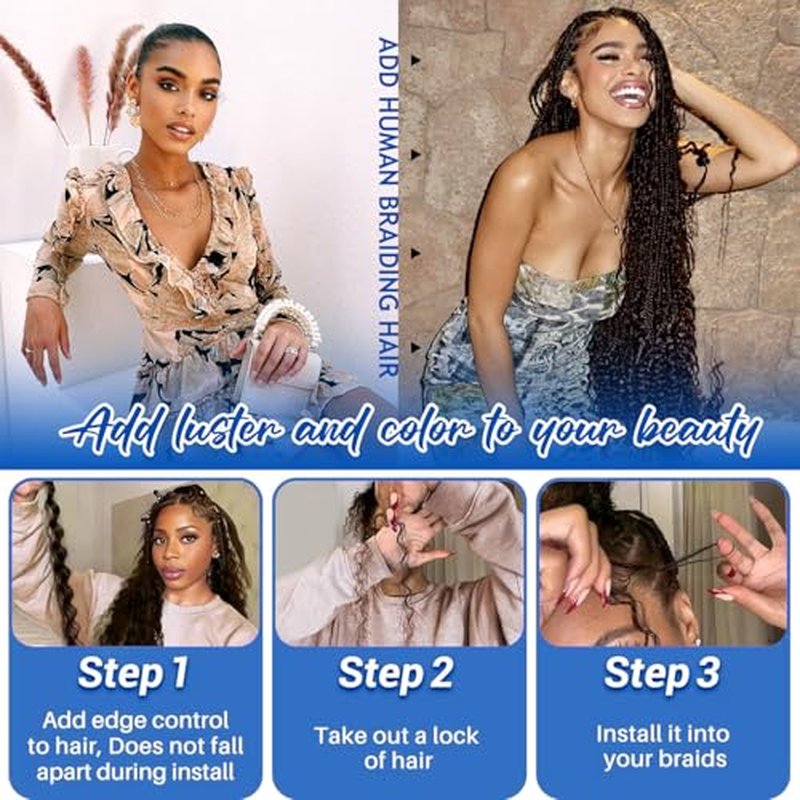 Human Braiding Hair for Boho Braids 110g Curly Boho Hair for Braiding Knotless 12A Wet and Wavy Bulk Bohemian 3 Bundles/Pack Deep Wave 100% Human Hair Extensions Natural Color 20inch
