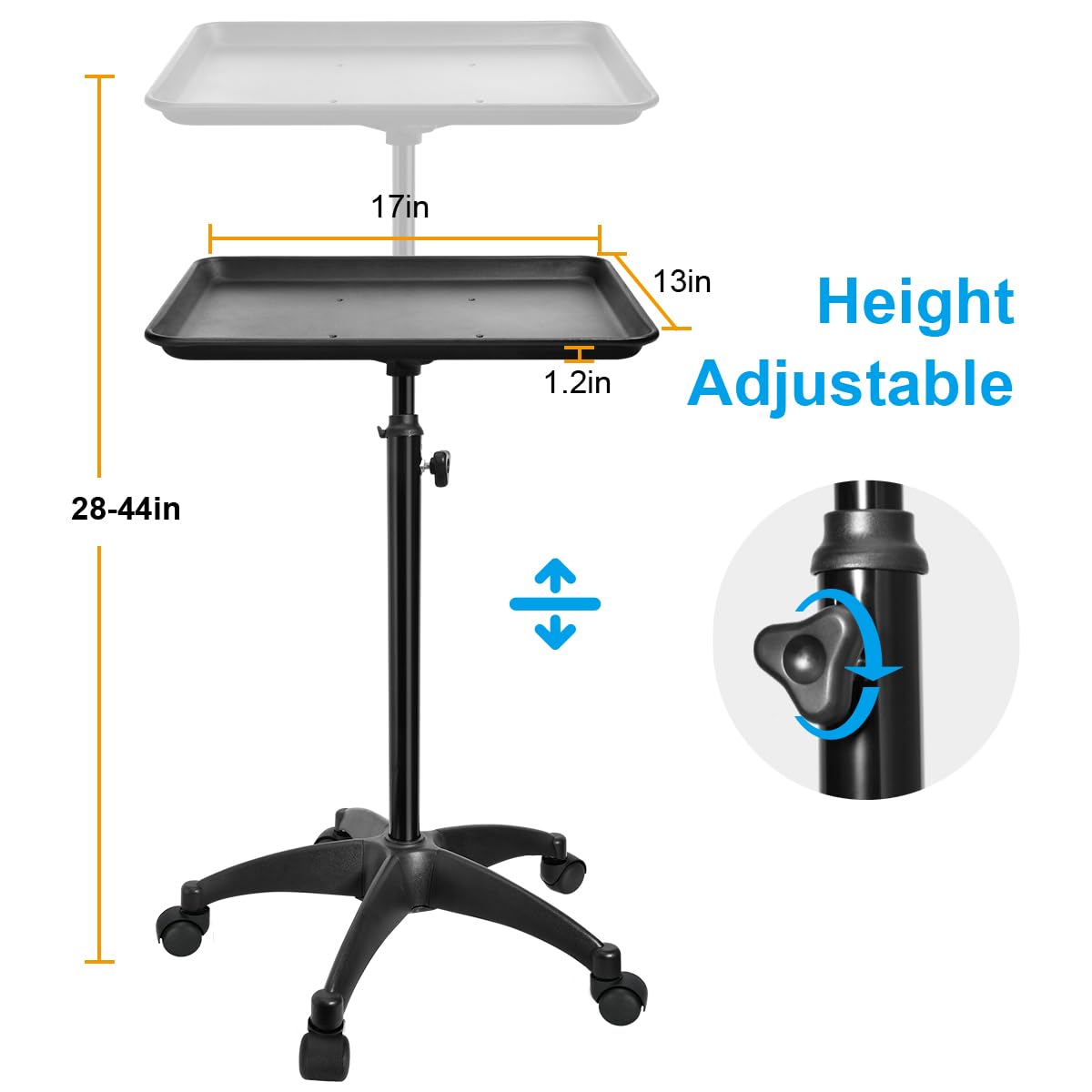 JOSTZHXIN Salon Rolling Tray, Premium Aluminum Tattoo Tray Rolling Cart, Height Adjustable Styling Tray, Service Storage Tray Trolley for Beauty Salon Clinic Spa