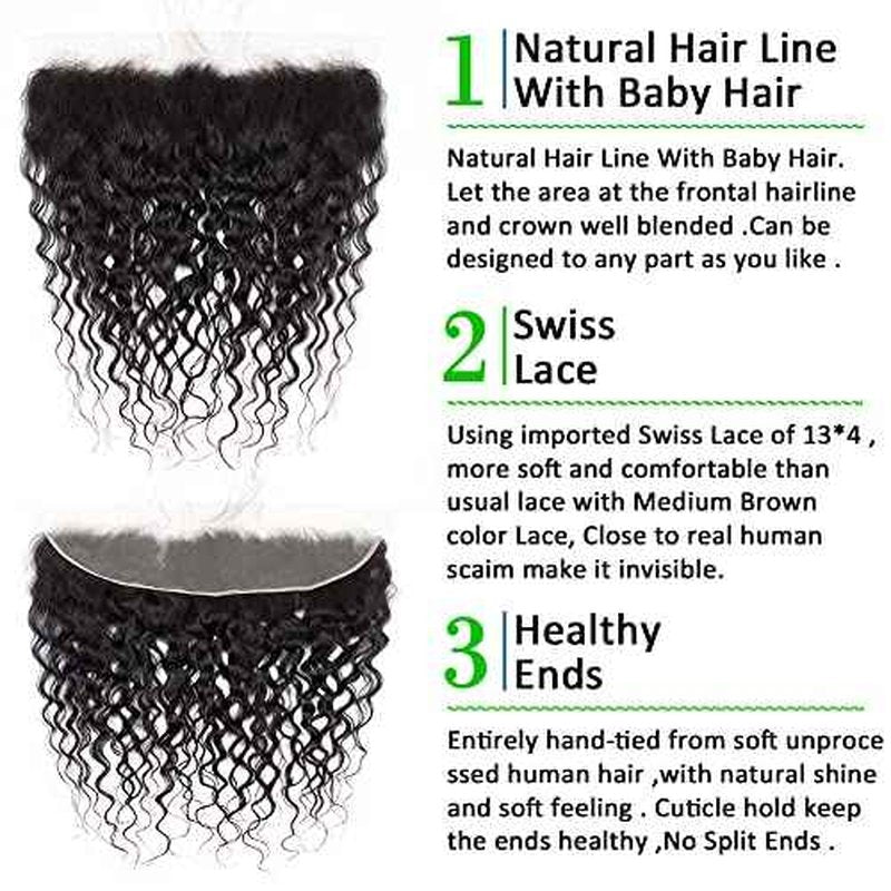 Kapelli Hair 30 Inch 13x4 Lace Frontal Water Wave Regular HD Lace Frontal, 200% Density, 100% Brazilian Virgin Human Hair Ear to Ear HD Lace Pre Plucked with Baby Hair Natural Black Color