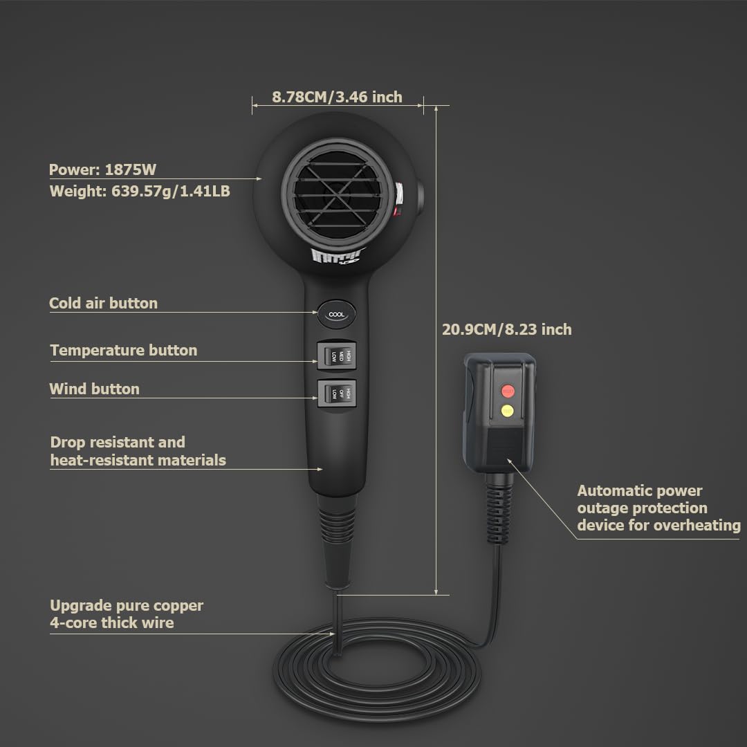 JINRI Hair Dryer, 1875W, 3 Heat & 2 Speed, with Diffuser, with Concentrator, Detachable Air Intake, Ionic Technology & Infrared - Black, Hanging Strap, Non-Foldable JR-108