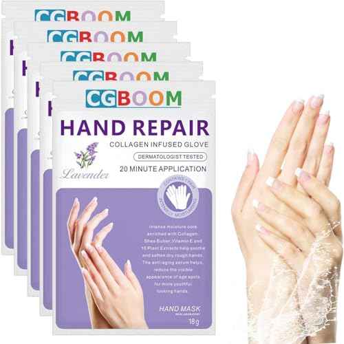 Hand Mask Moisturizing Glove 5 pack, Hand Peel Mask Exfoliating Gloves, Hand Repair Glove for Dry Hands Treatment, Remove Dead Skin, Rough Skin, purple