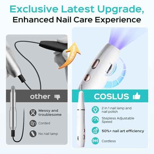 COSLUS Cordless Nail Drill Electric: 2-in-1 Nail File with Flash Cure for Acrylic Gel Dip Powder Nails, Stepless Control for Beginner Home DIY, Portable for Travel, Professional Pedicure Manicure Kit