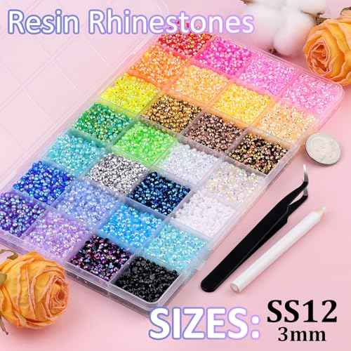 32000Pcs Resin Rhinestones with Tweezers for Bedazzling, Multicolor 3mm Crystal with 3Pcs 10ml B7000 Jewelry Glue for Bedazzled Nail Art Crafting Makeup