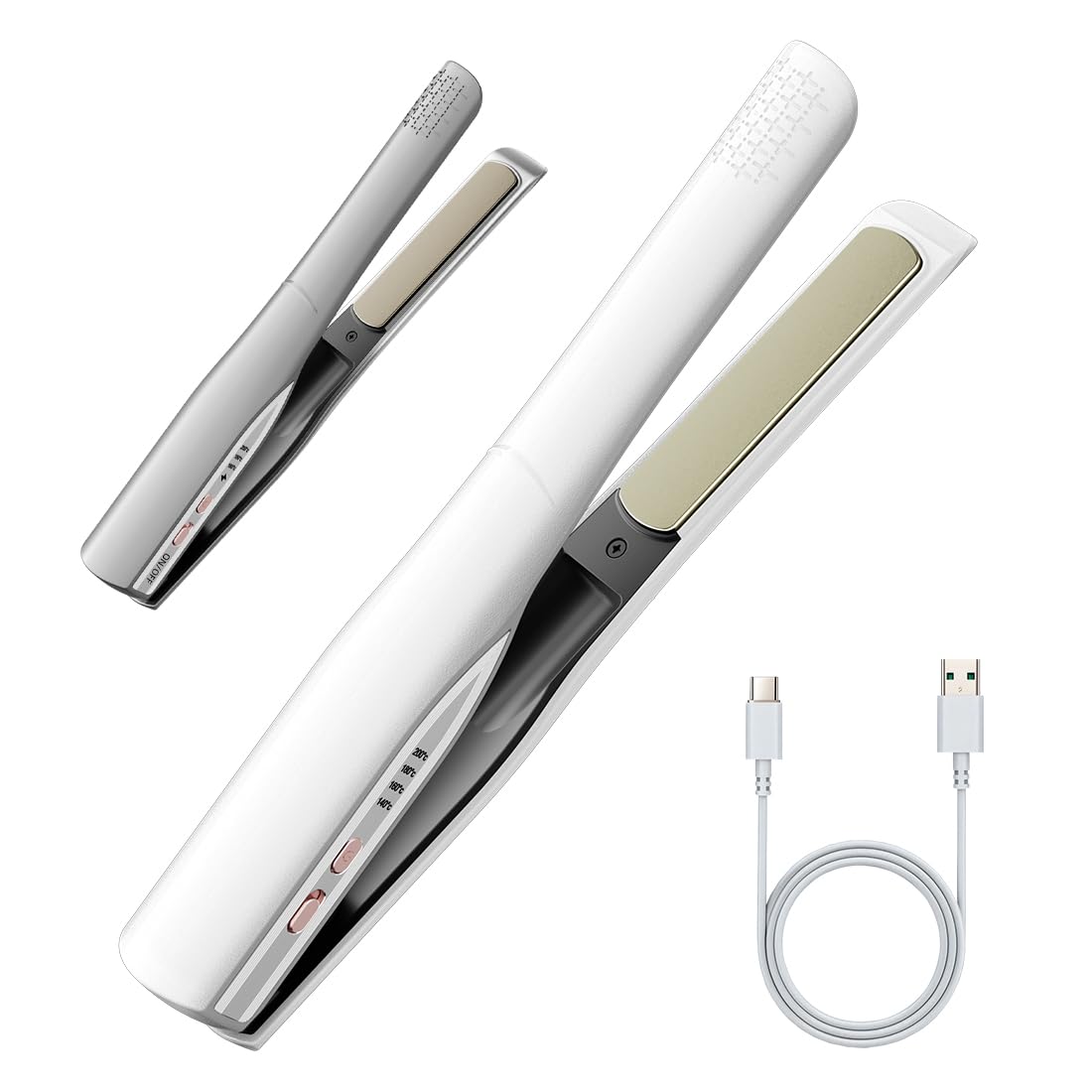 Cordless Hair Straightener and Curler 2 in 1, Fast Heating Cordless Flat Iron, Ultra-Light Portable Straightener for On The Go, Anti-Scald Design with USB-C Charging& Negative Ion (White)