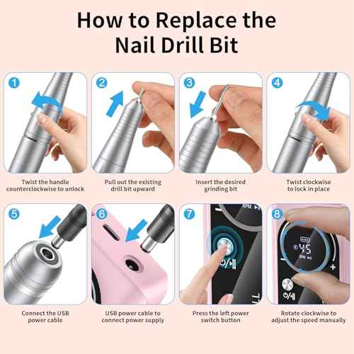 Electric Nail Drill Machine 45,000RPM - Professional Electric and Rechargeable Nail Drill with LCD Display, 6 Bits and 30 Sanding Bands, Low Heat Quiet E-File for Acrylic Gel Nails (Light Pink)