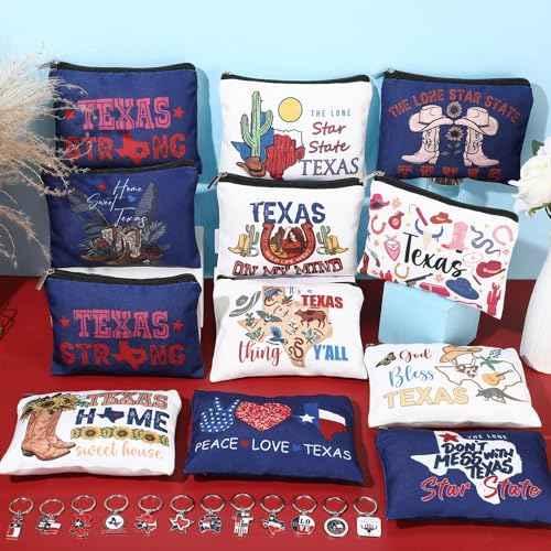 Reginary 24 Pcs State Souvenir Gifts 12 Metal Keychain 12 Cosmetic Bag USA Souvenir Themed Gifts for Traveler Christmas Party(Texas)