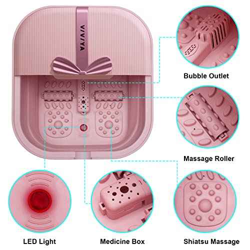Collapsible Foot Bath Spa with heat and Massage Rollers, Foldable Foot Soak Tub with Bubbles Jets and LED light, Pedicure Foot Spa Massager with Foot Scrubber for Home Use (Pink)