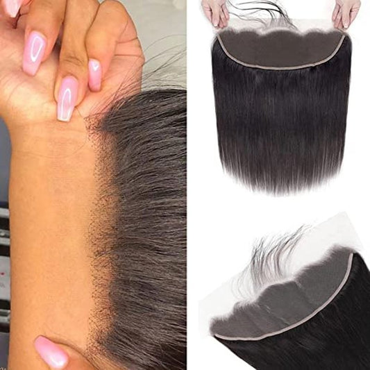 13X4 Ear To Ear Lace Frontal Closure Straight Frontal HD Lace Human Hair 100% Brazilian Virgin Hair 150 Density HD Transparent Lace Natural Black Pre-Pulled Baby Hair (16 Inch)