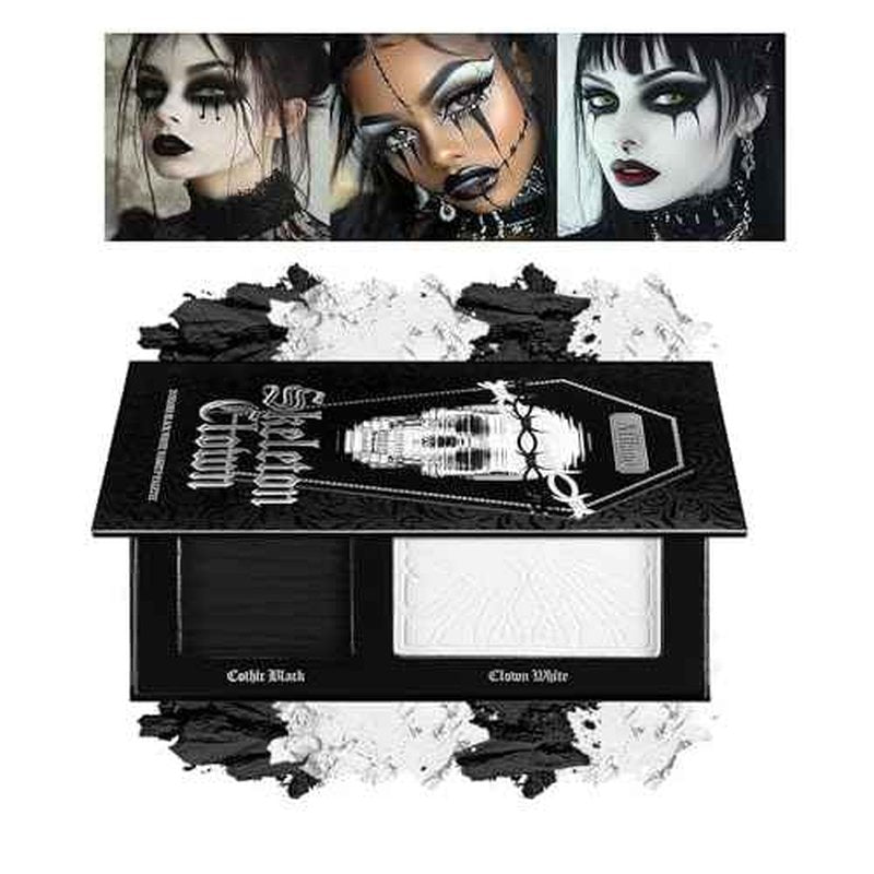 Black White Makeup Palette, White Pressed Setting Powder Goth Halloween Black Gothic Foundation & EyeShadow Kit, Matte Finish for Smokey Eyes, High-Pigment Face Paint Skeleton Cosplay & Costume Looks