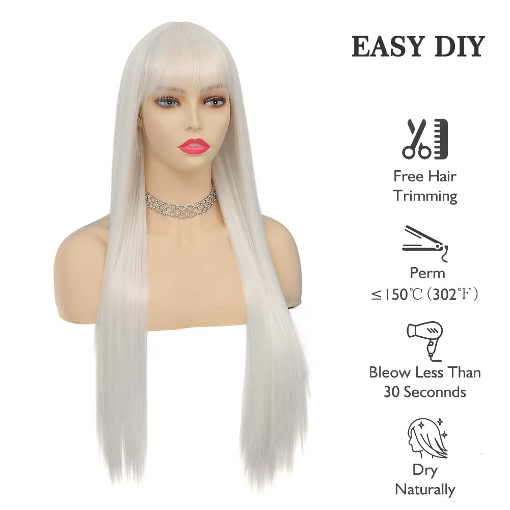 Tseses White Straight Long Wigs for Women with Flat Bangs Synthetic Hair Natural Looking Halloween Cosplay Daily Wig with Wig Cap